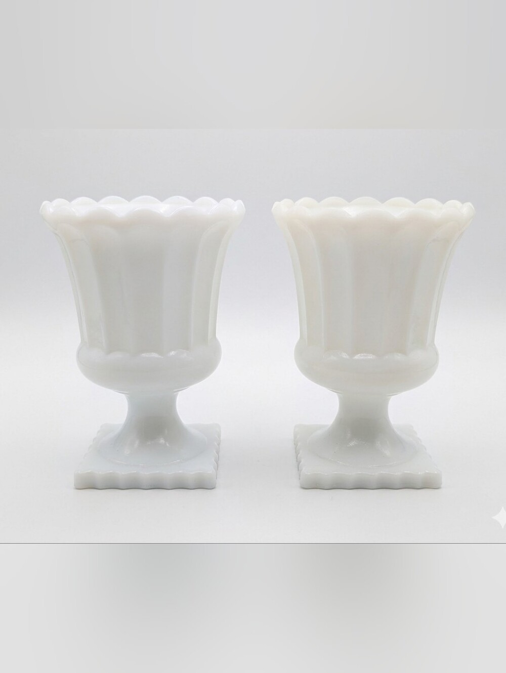 MCM Pair of White Milk-Glass Urn Vases with Scalloped Rim
